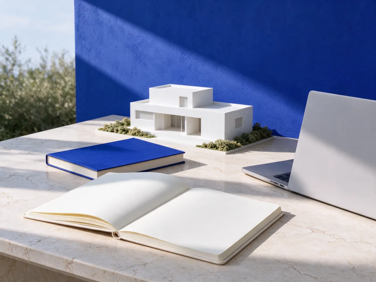 Illustrative workspace with books, notes, and architectural models