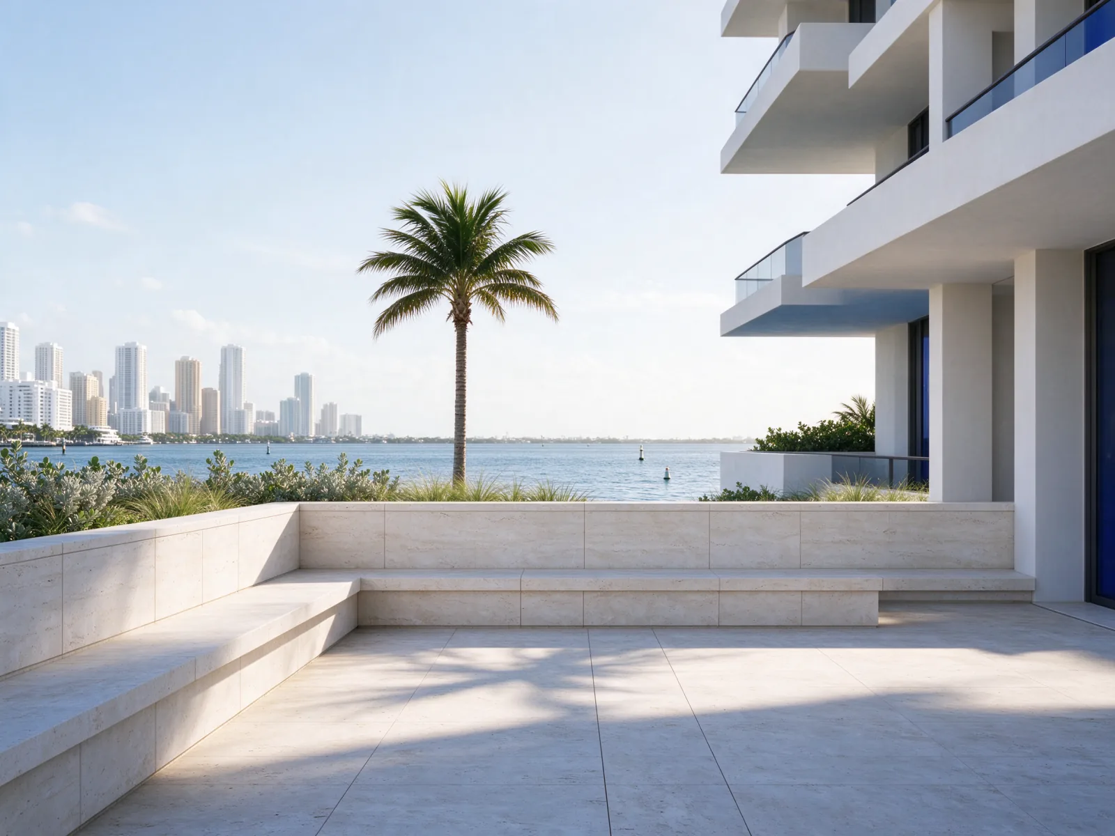 Illustrative Miami waterfront architecture, palms, and sunlit coastal surroundings