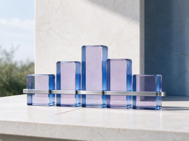 Illustrative connected glass blocks representing a business software workflow